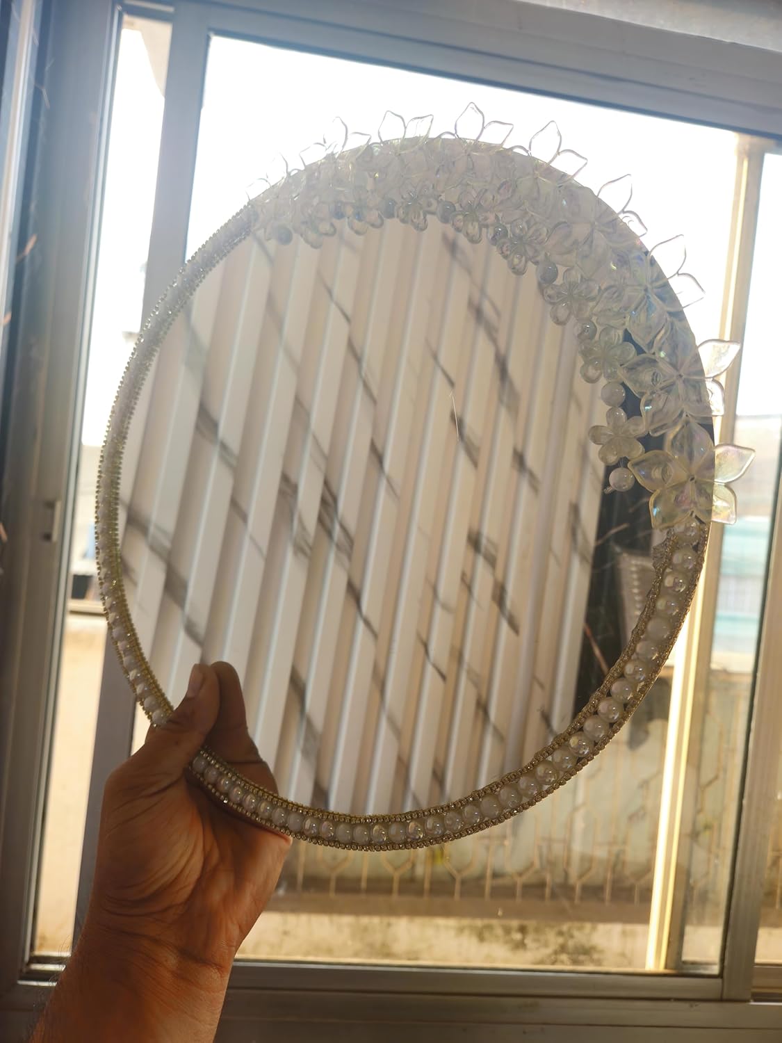 Beautiful Wedding Mirror for Bride & Groom Personalized Nikah Shadi Mubarak Decorative Mirror Artificial Beads Design Wedding Gift for Couple Friends & Family. (White Beadds Design D2)