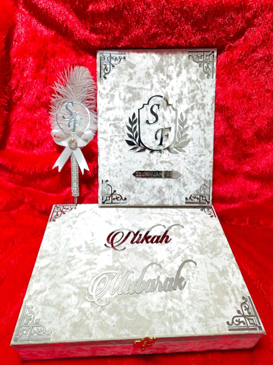 customized and Personalised Fancy Wedding Hamper Set 4 Items Combo Including Qubool Hai Pen, Nikah Nama Booklet, Nikah Nama Box and Inkpad, Bride And Groom Nikah Mubarak Wedding Gift