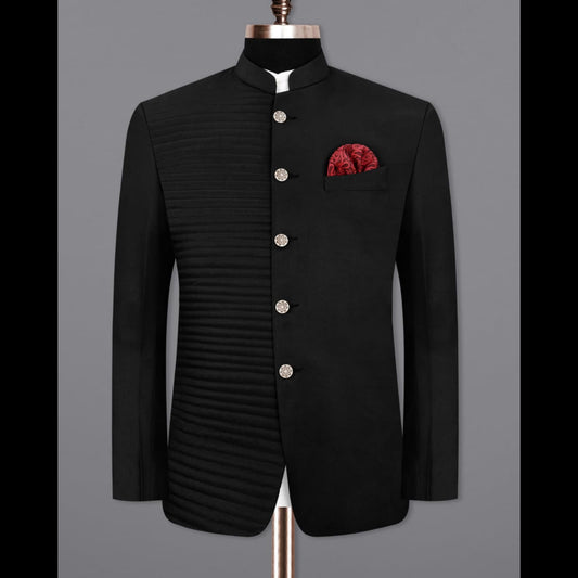 Black Bandhgala Jodhpuri Blazer – Asymmetric Pintuck Panel with Mandarin Collar, Antique Metal Buttons & Two Side Vents