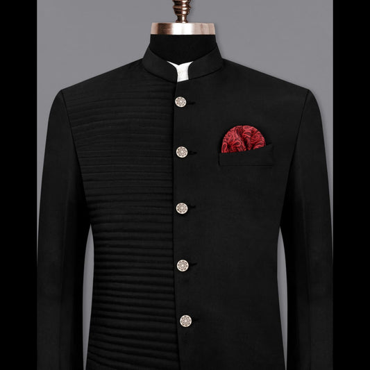 Black Bandhgala Jodhpuri Blazer – Asymmetric Pintuck Panel with Mandarin Collar, Antique Metal Buttons & Two Side Vents