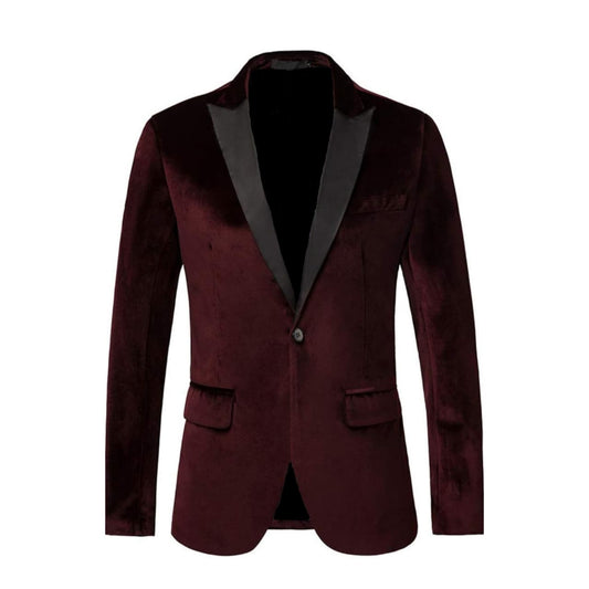 Burgundy Velvet Tuxedo Blazer for Men – Single‑Button Dinner Jacket with Satin Peak Lapel & Flap Pockets