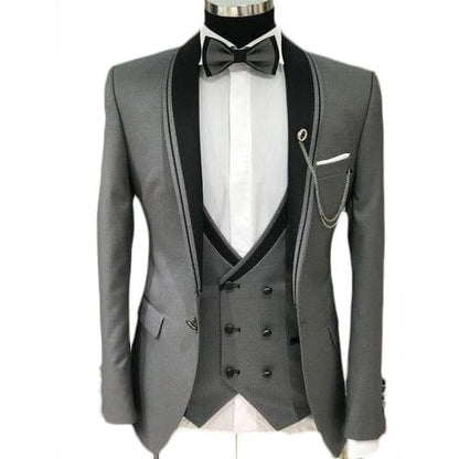 Men’s 3‑Piece Grey Tuxedo Suit – Peak Satin Lapel Blazer with Double‑Breasted Vest & Tailored Pants
