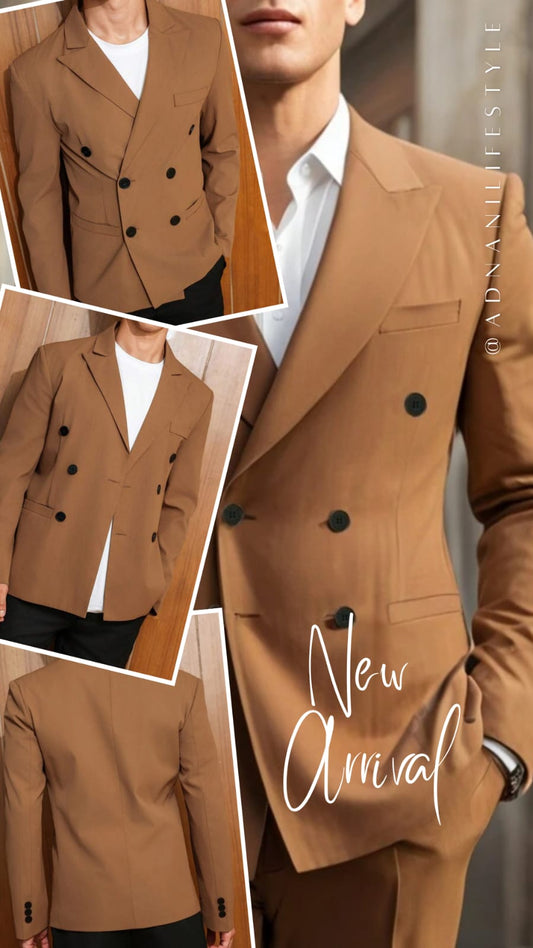 Men’s Camel Double‑Breasted Blazer – Tan Suit Jacket with Notch Lapel, 6‑Button Front, Flap Pockets & Tailored Fit