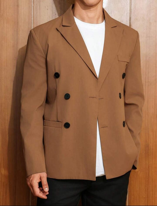 Men’s Camel Double‑Breasted Blazer – Tan Suit Jacket with Notch Lapel, 6‑Button Front, Flap Pockets & Tailored Fit