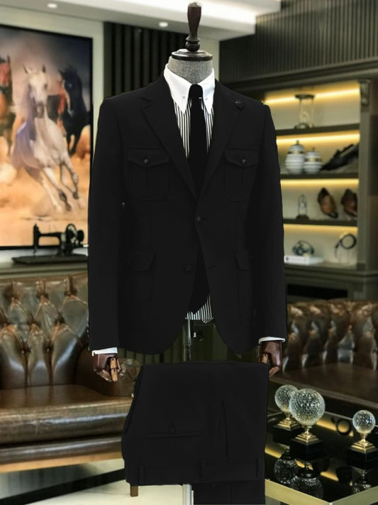 Men’s Field Jacket Blazer Suit – Utility Pocket 2‑Piece Set with Notch Lapel, Buttoned Flap Pockets &amp; Tailored Trousers