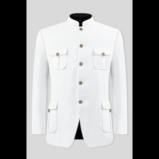 White Safari Bandhgala Blazer – Four Utility Pockets, Metal Buttons, Mandarin Collar, Classic Formal Look